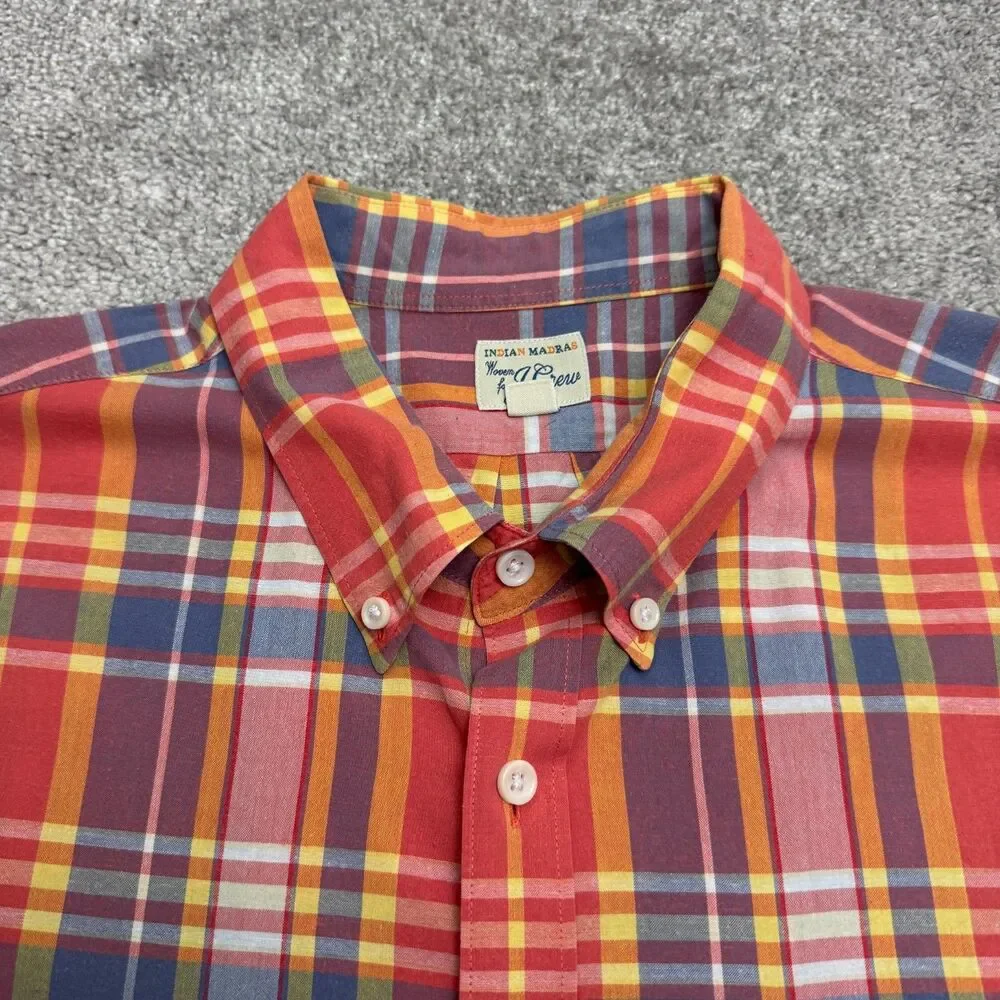J.Crew Indian Madras Button Up Shirt Men XL Red Plaid Short Sleeve 100% Cotton